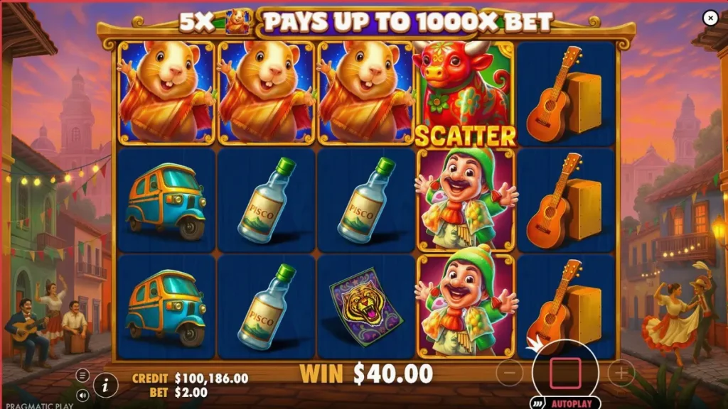 Pemandangan meriah dari slot Super Peru Fest dengan elemen budaya Amerika Selatan