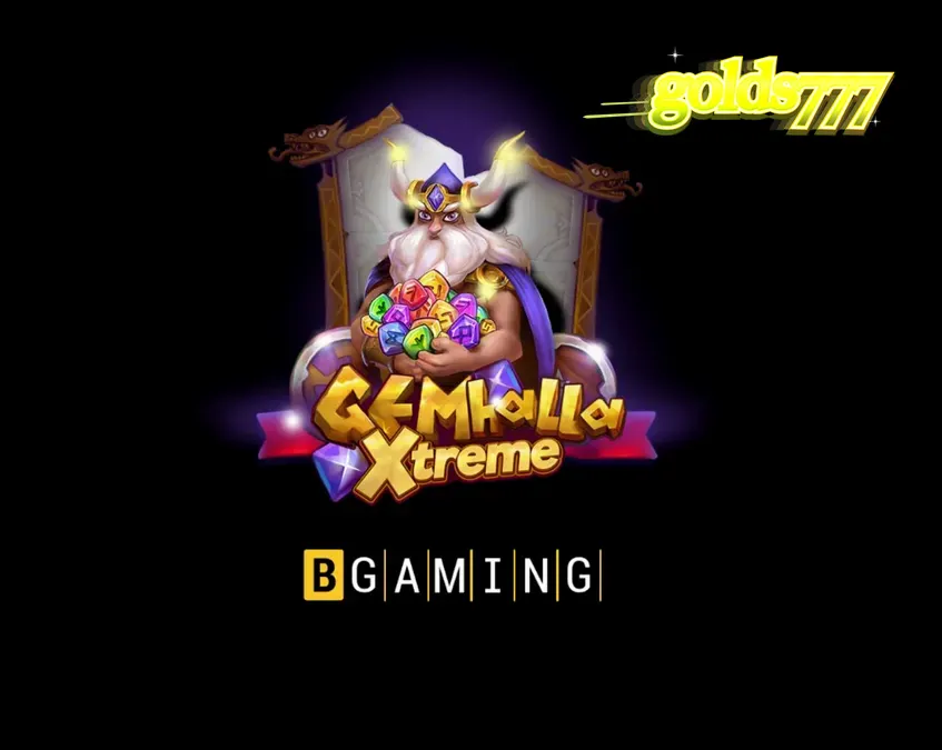 Thor berdiri di samping grid permainan Gemhalla Xtreme yang penuh dengan simbol rune dan pengali emas.